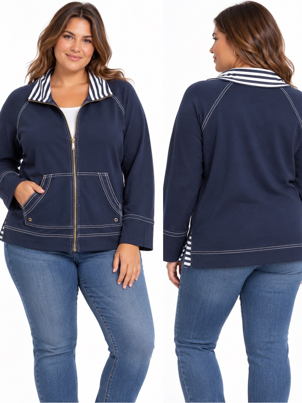 Anne Klein Sport 1X Navy Blue Nautical Zip Jacket – Striped Trim